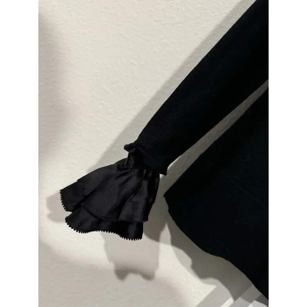Tory Burch Black V-Neck Sweater with Removable Silk Collar and Cuffs Size L